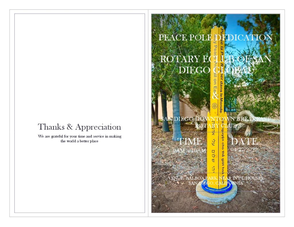 Cover page of the Peace Pole Dedication Agenda, split in two, white backside of pamphlet on the left, white background, Thank you note, Cover on the right with picture of yellow peace pole and information about the event